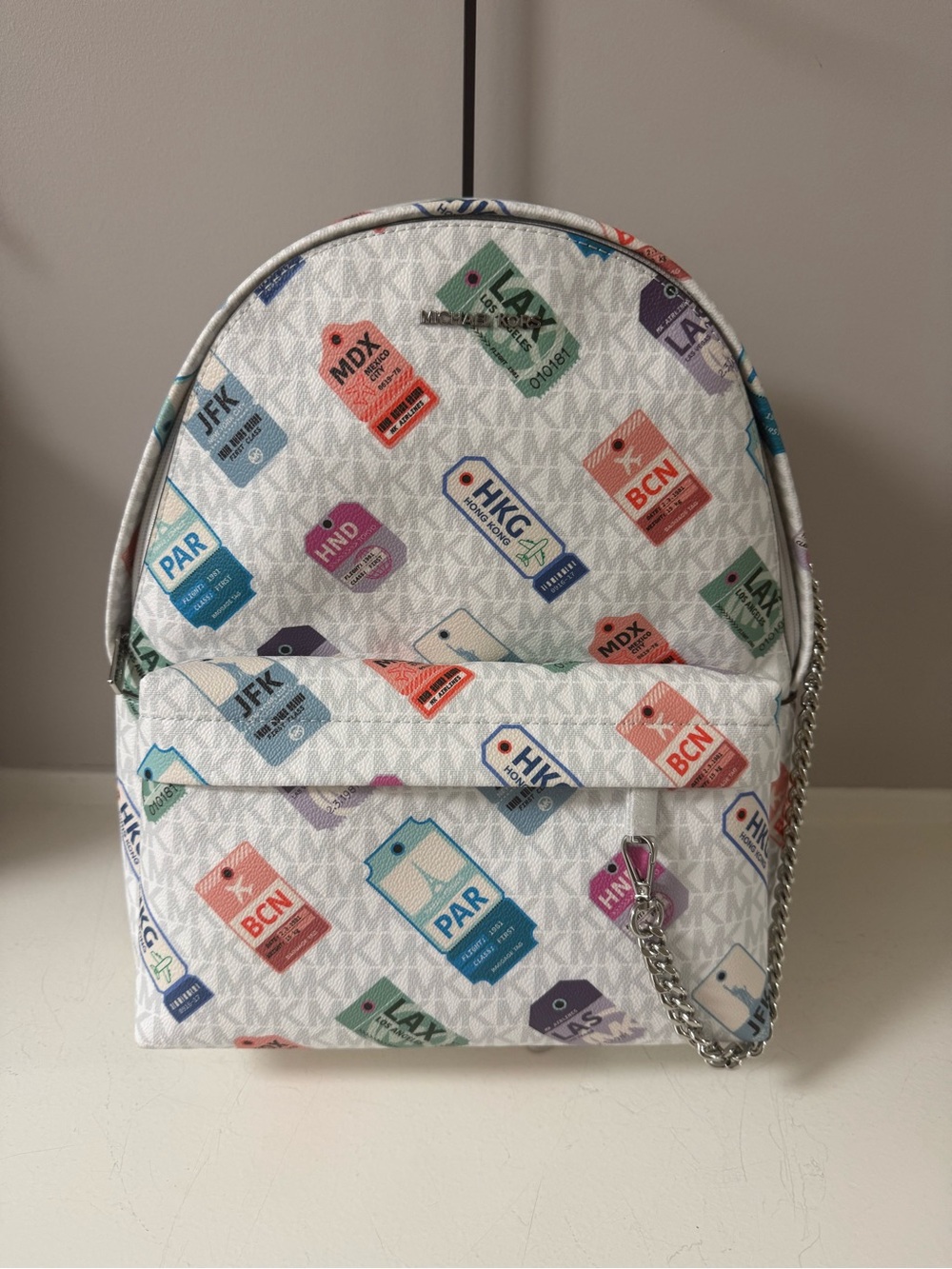 NWT!! Michael Kors White Mini Backpack with Multicolor Travel Tag Print